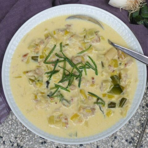 German Cheese And Leek Soup With Ground Pork