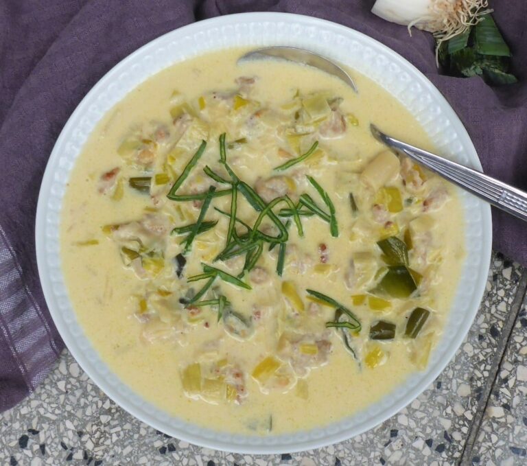 German Cheese And Leek Soup With Ground Pork