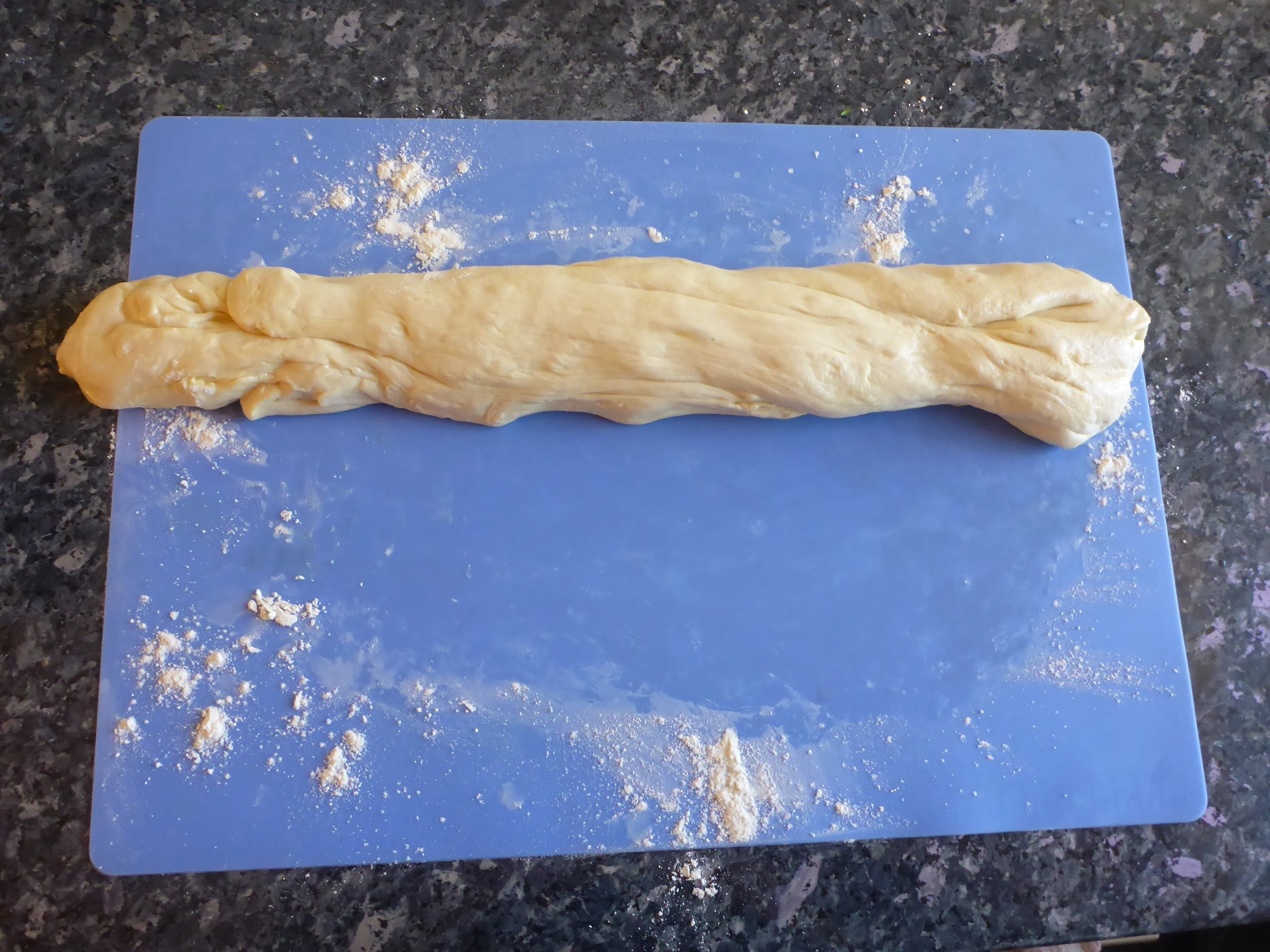 Yeast dough shaped into a long loaf after the first rise.
