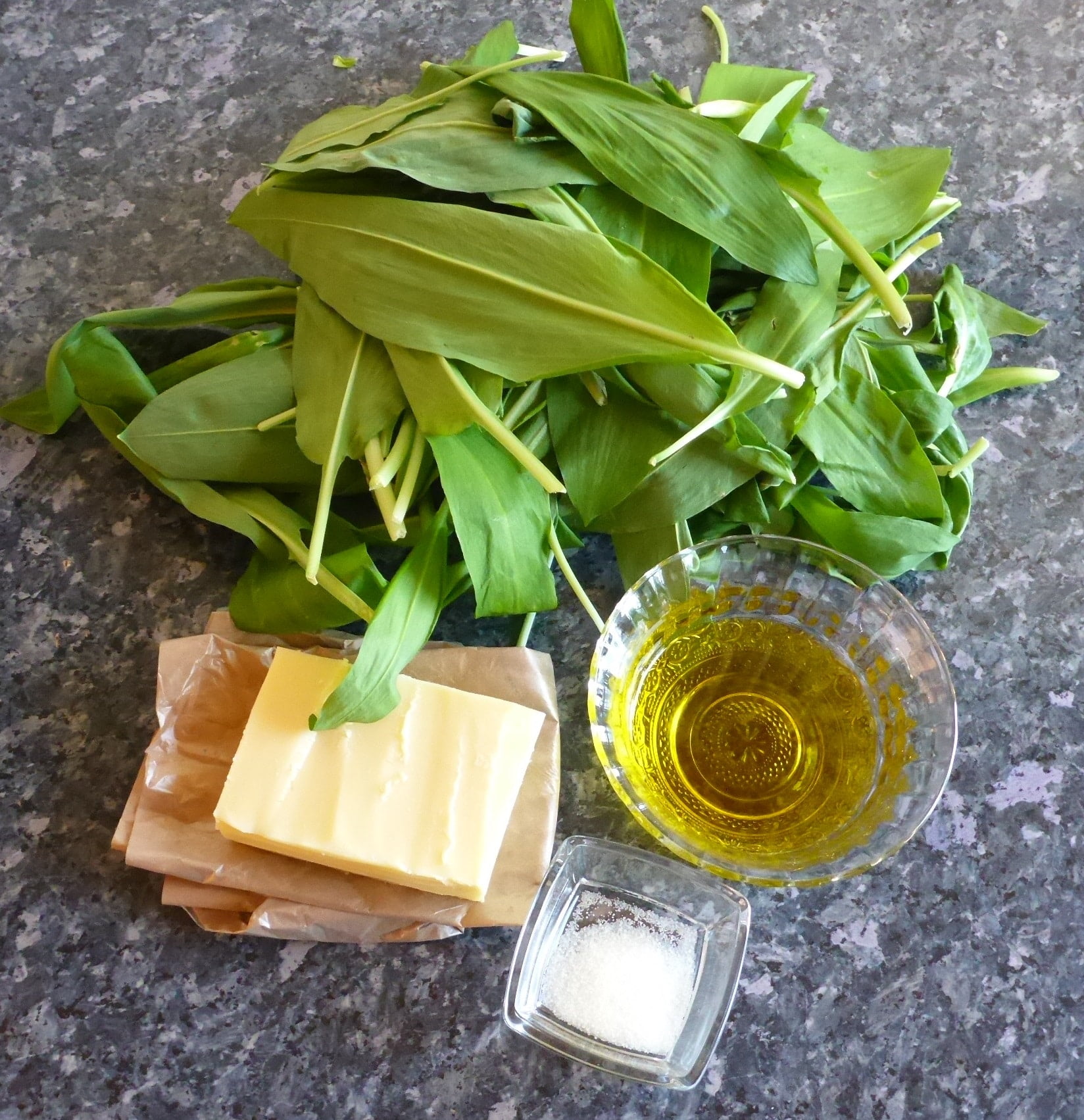 Ingredients for flavor-packed wild garlic, cheese, and olive oil mixture: fresh wild garlic leaves, olive oil, salt and cheese.