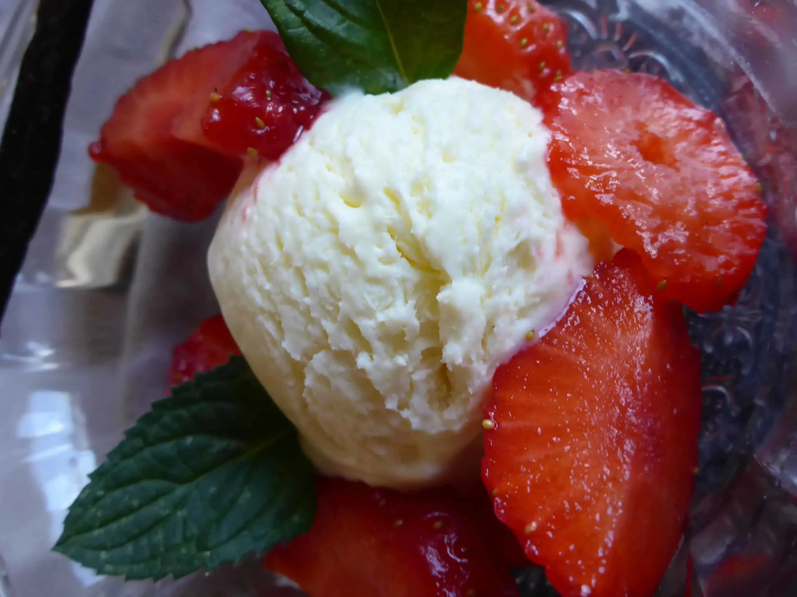 A bowl of homemade vanilla ice cream topped with fresh strawberry slices and beautifully garnished with lemon balm.