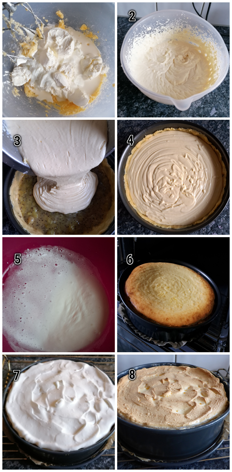 How to make German cheesecake filling with quark for gooseberry cheesecake, fill the cake, bake and top with meringue topping. 