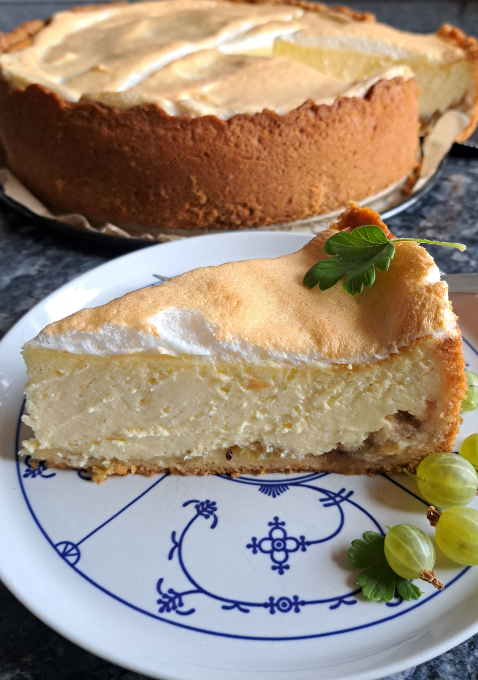 German gooseberry cheesecake with meringue topping. 