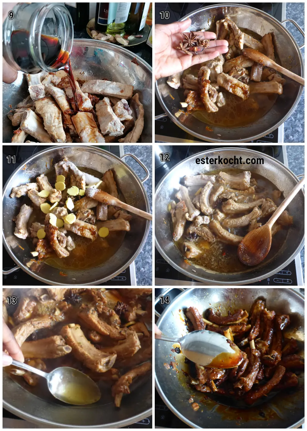 Collage mit Rippchen im Wok, zusammen mit Chili, Ingwer, Salz und Sternanis, in Sauce köchelnd und später reduziert, bis die Soße dickflüssig ist.