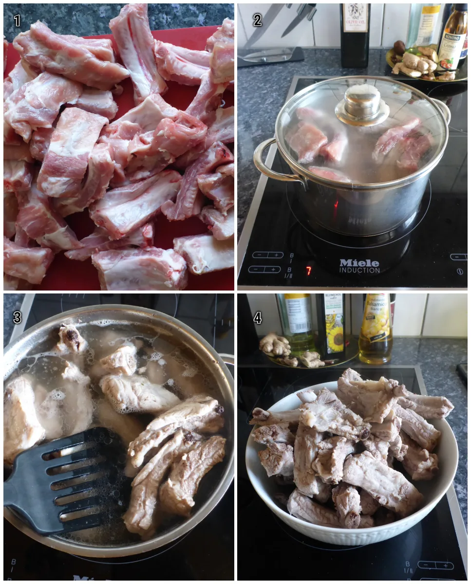 Collage mit einzelnen Rippchen, in Stücke geschnitten, vorgekocht und gründlich abgetropft für die Zubereitung