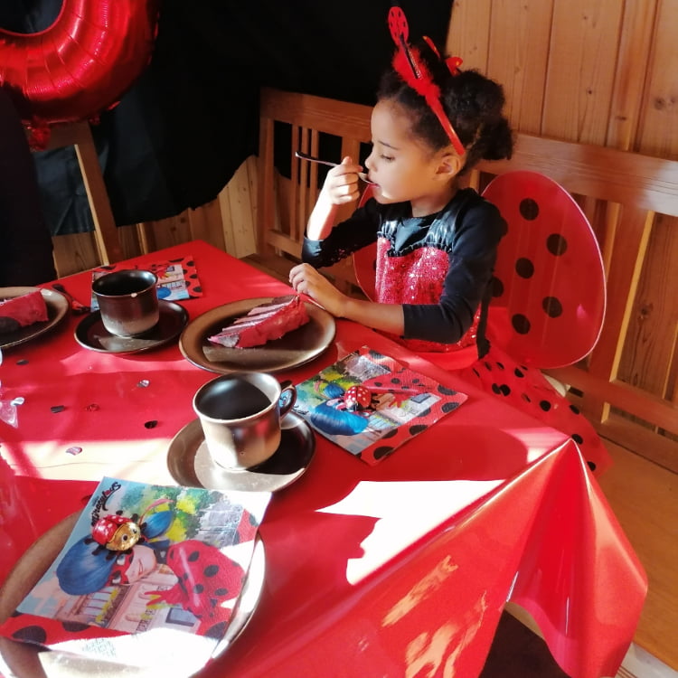 Ein Bild zeigt meine 5-jährige Tochter an ihrem 5. Geburtstag mit dem Motto "Ladybug" (Marienkäfer). Sie trägt ein wunderschönes Marienkäferkleid und sitzt auf einem Stuhl, während sie eine Torte im 3D-Format in Form eines Marienkäfers mit einem Marzipanmantel isst. Im Hintergrund sind schwarze und rote Ballons aufgeblasen und Luftballons hängen.