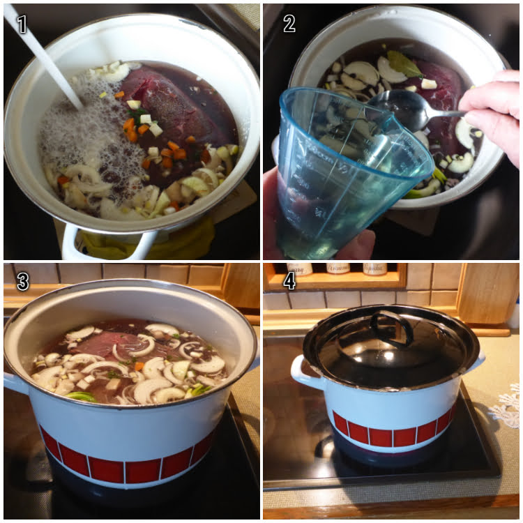 Step-by-step guide on how to cook sauerbraten, with marinating meat in a flavorful broth, ready for a delicious German dish.