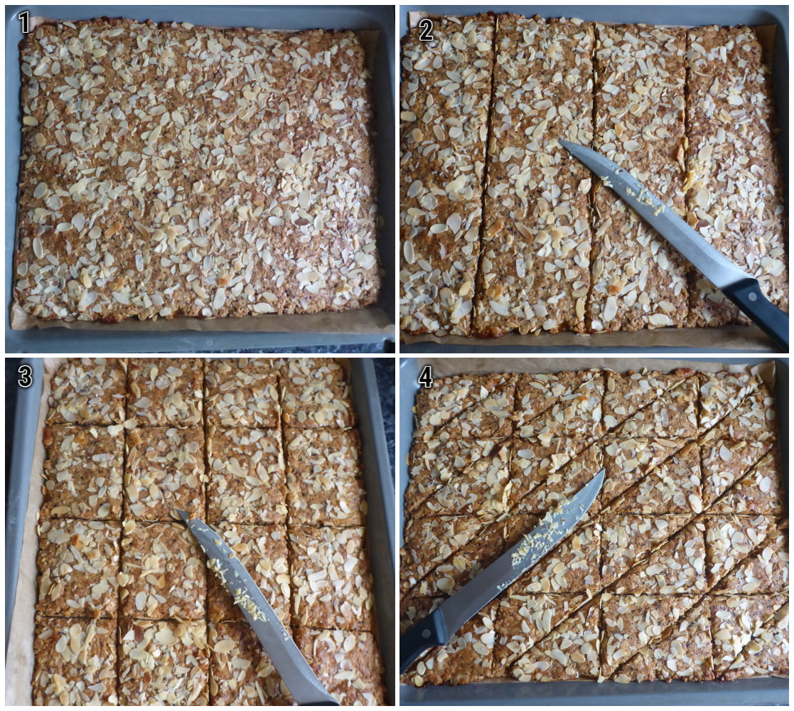 How to cut the shortcrust pastry topped with nut layer into triangles after baking to make German nut bar cookies.