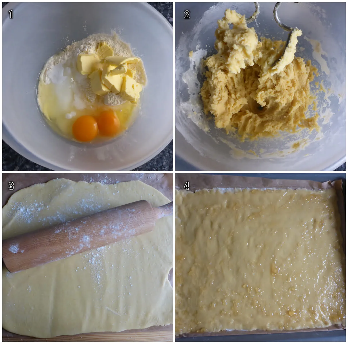 How to make shortcrust pastry, roll out the dough and spread it with jam to make German nut triangles.