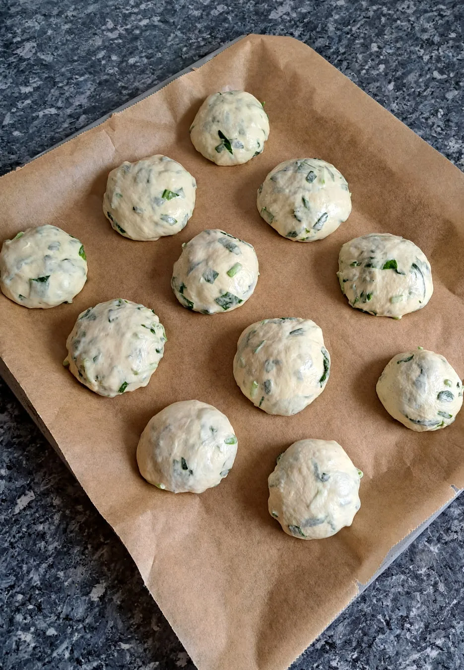 Geformte Bärlauch Brötchen vor dem zweite Aufgehzeit.