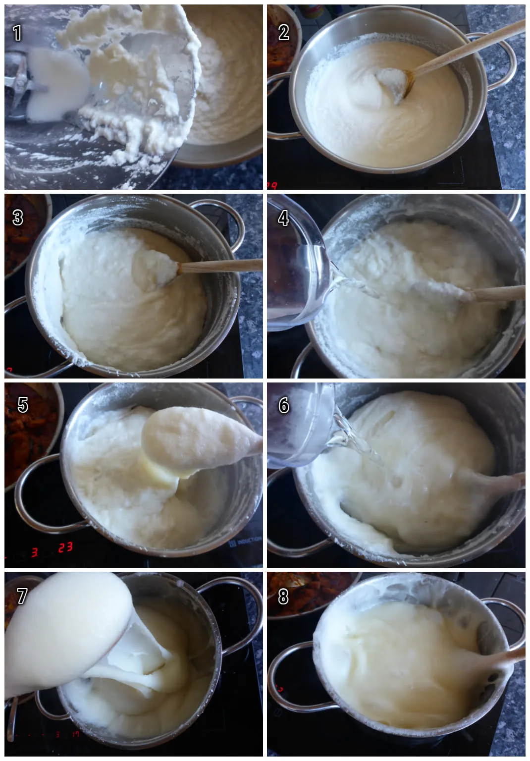Eine Kollage aus acht Fotos zeigt den Kochvorgang von Maniok-Paste. Die Masse wird mit Wasser verdünnt und mit einem Kochlöffel geschlagen, bis sie zu einem glatten und gummiartigen Brei wird.