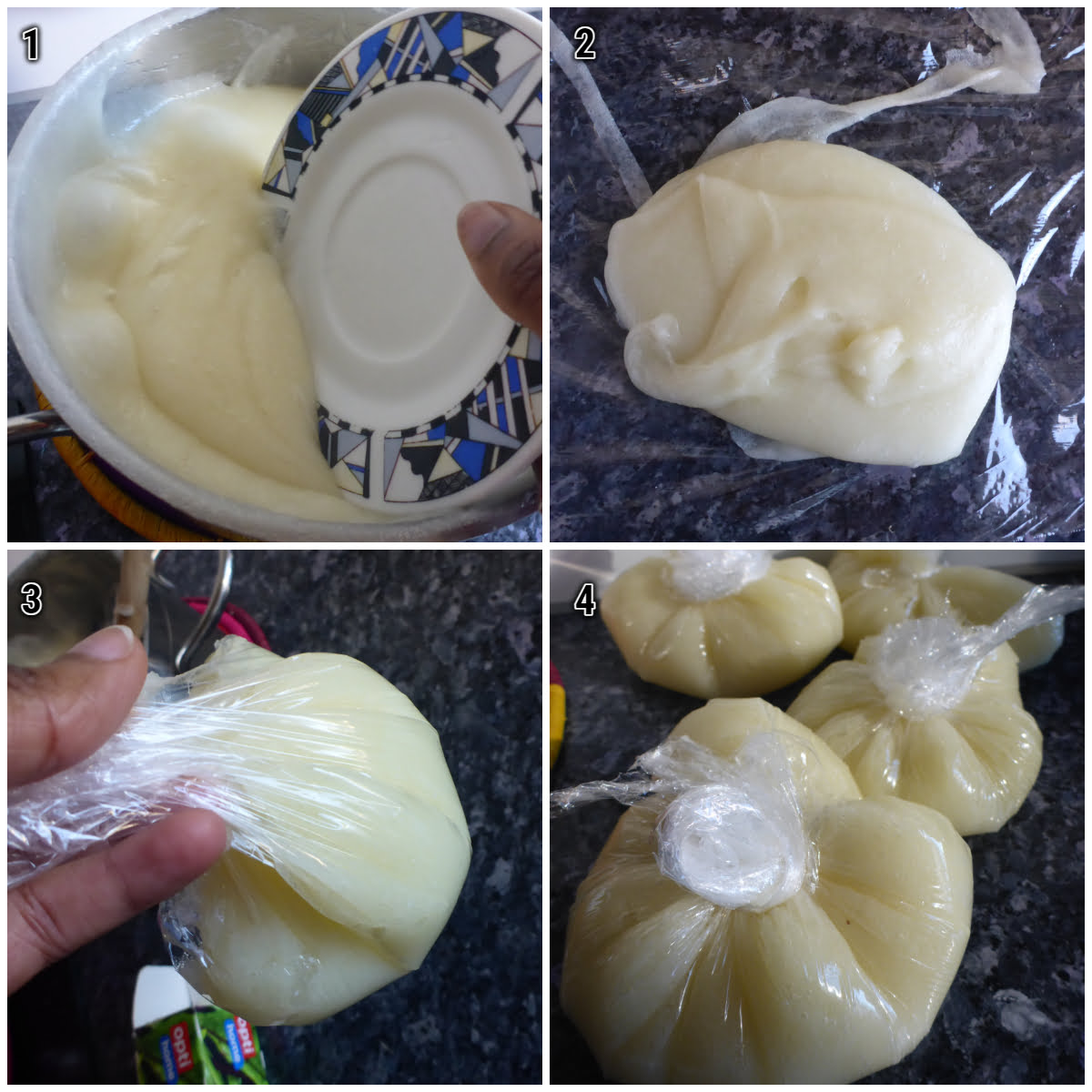 Eine Bildcollage aus vier Fotos zeigt wie frisch gekochte Maniok Fufu in Frischhaltefolie portionsweise eingewickelt wird.