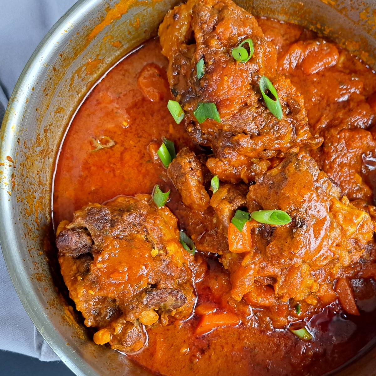 Freshly cooked African oxtail stew garnished with spring onion that's cut into thin slices. 