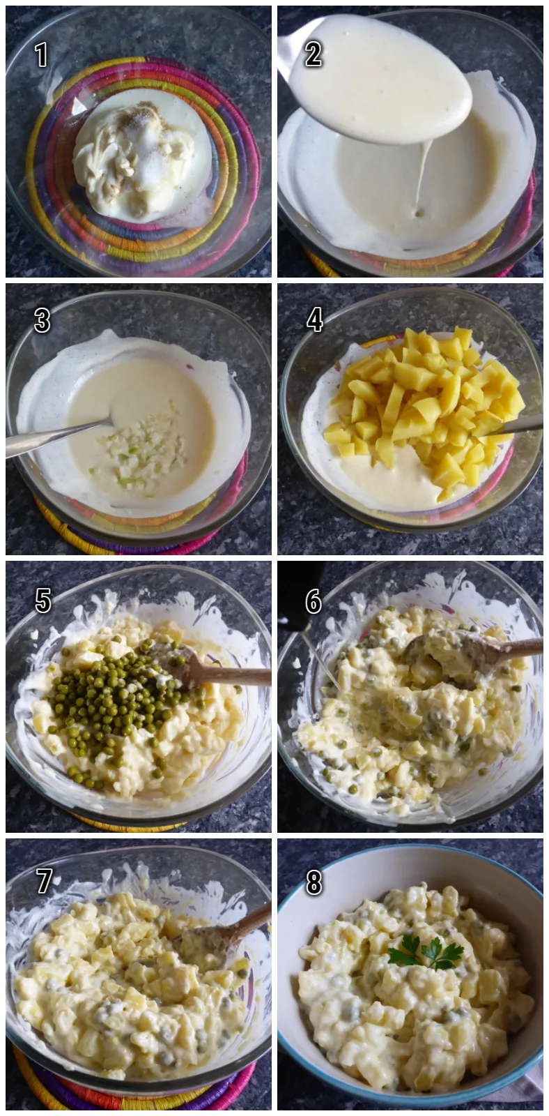 A photo showing steps on how to make  potato salad with a Namibian twist.