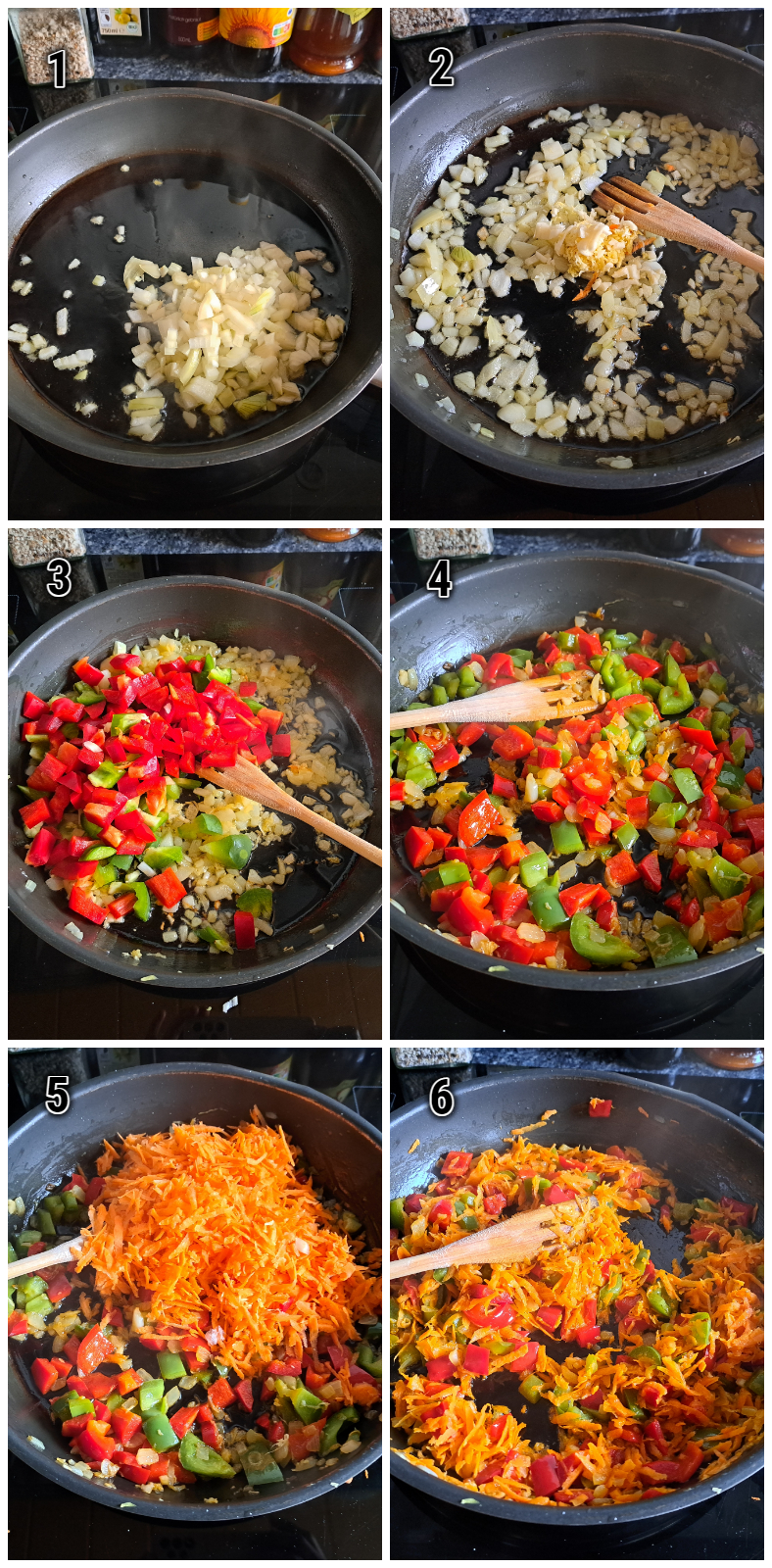 Die Zubereitung von Chakalaka: Ein Bild zeigt verschiedene Gemüse und Gewürze, die für die Herstellung von afrikanischen Gemüsepfanne benötigt werden. Eine bunte und aromatische Mischung, bereit für die Verarbeitung und Zubereitung.