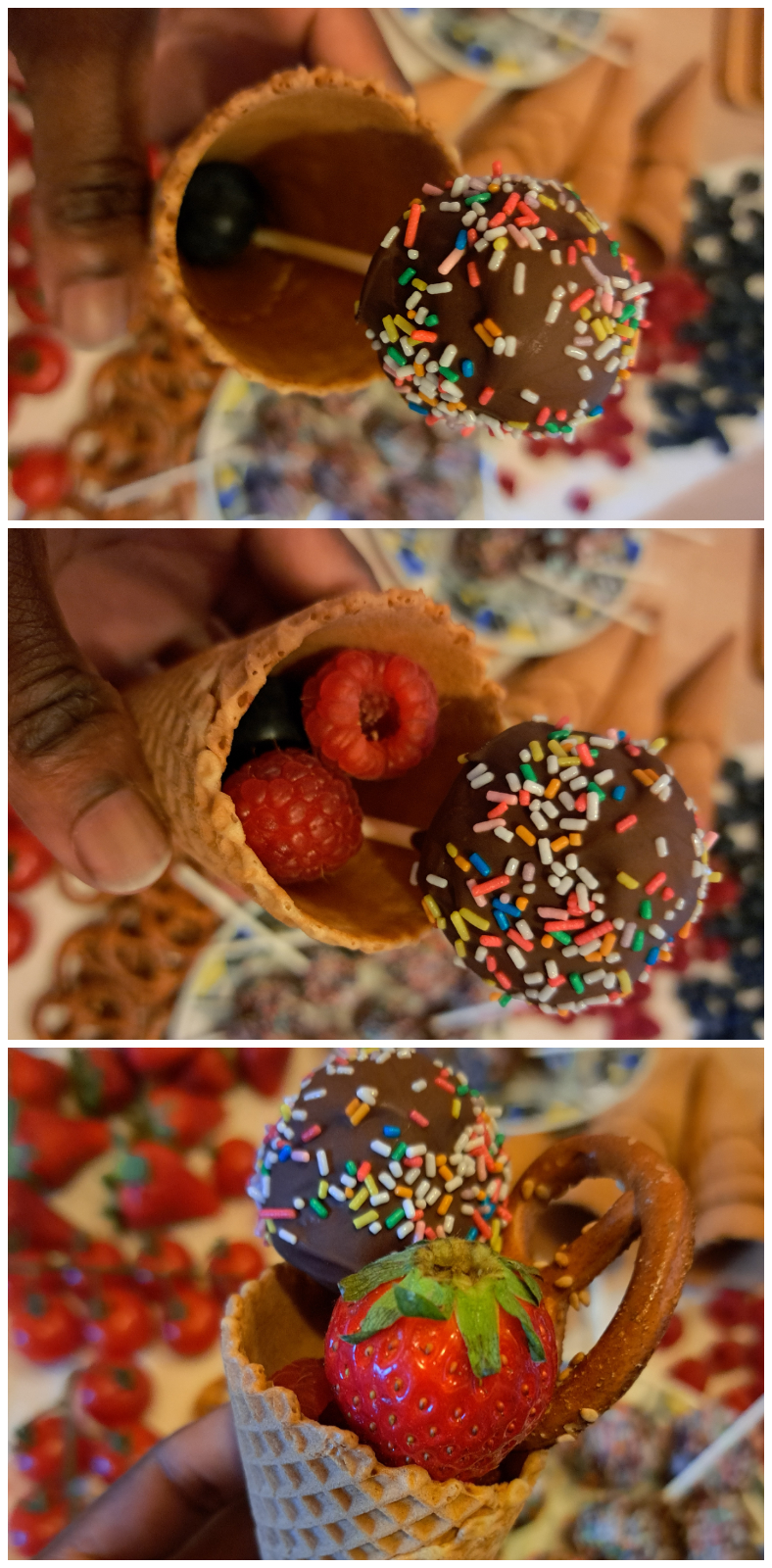 Eistüte, gefüllt mit leckeren Köstlichkeiten wie Erdbeeren, Himbeeren, Blaubeeren, selbstgemachten Cake Pops und Mini-Salzbrezeln als sinnvolle Mitgebsel Kindergeburtstag.