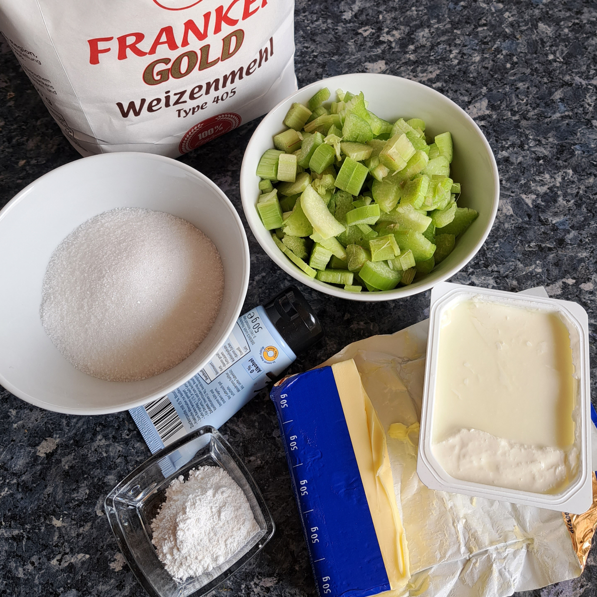 Ingredients used to make sweet German rolls with quark and rhubarb.
