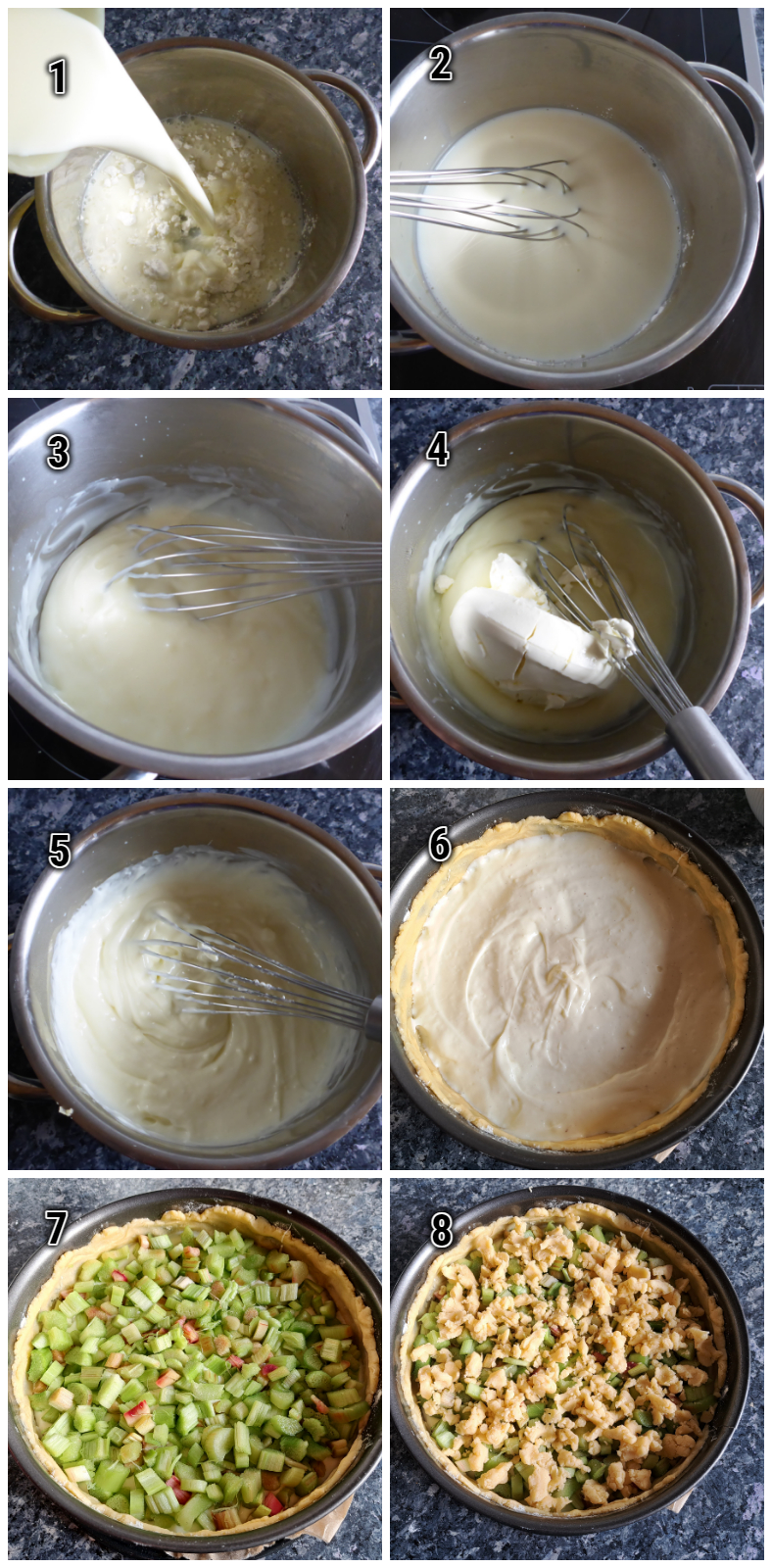 Die Zubereitungsschritte für Rhabarberkuchen mit Streusel und selbstgemachter Pudding.