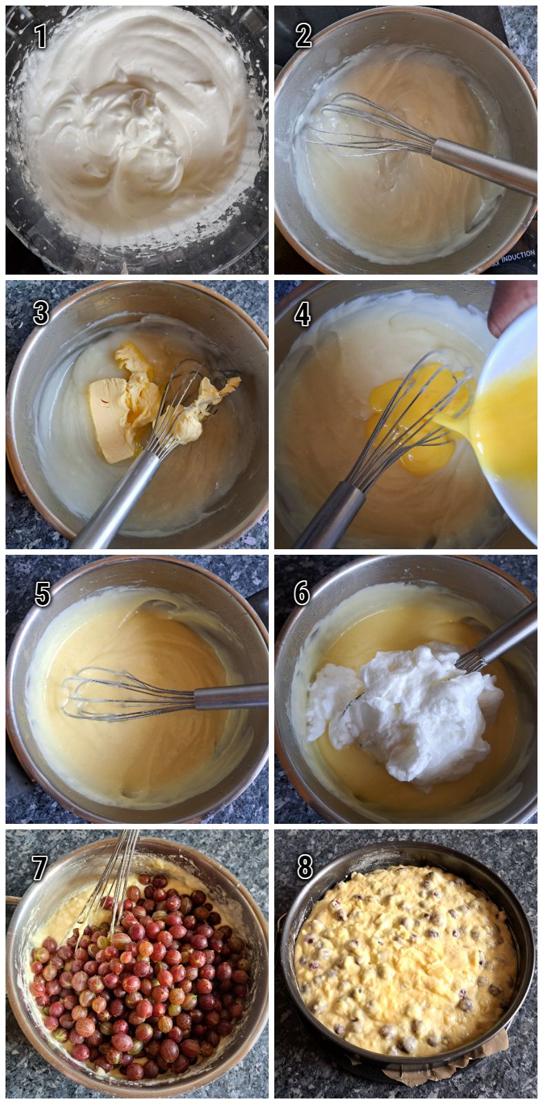 Die Herstellung vom Pudding mit jeden Menge Butter, Stachelbeeren und Eier.