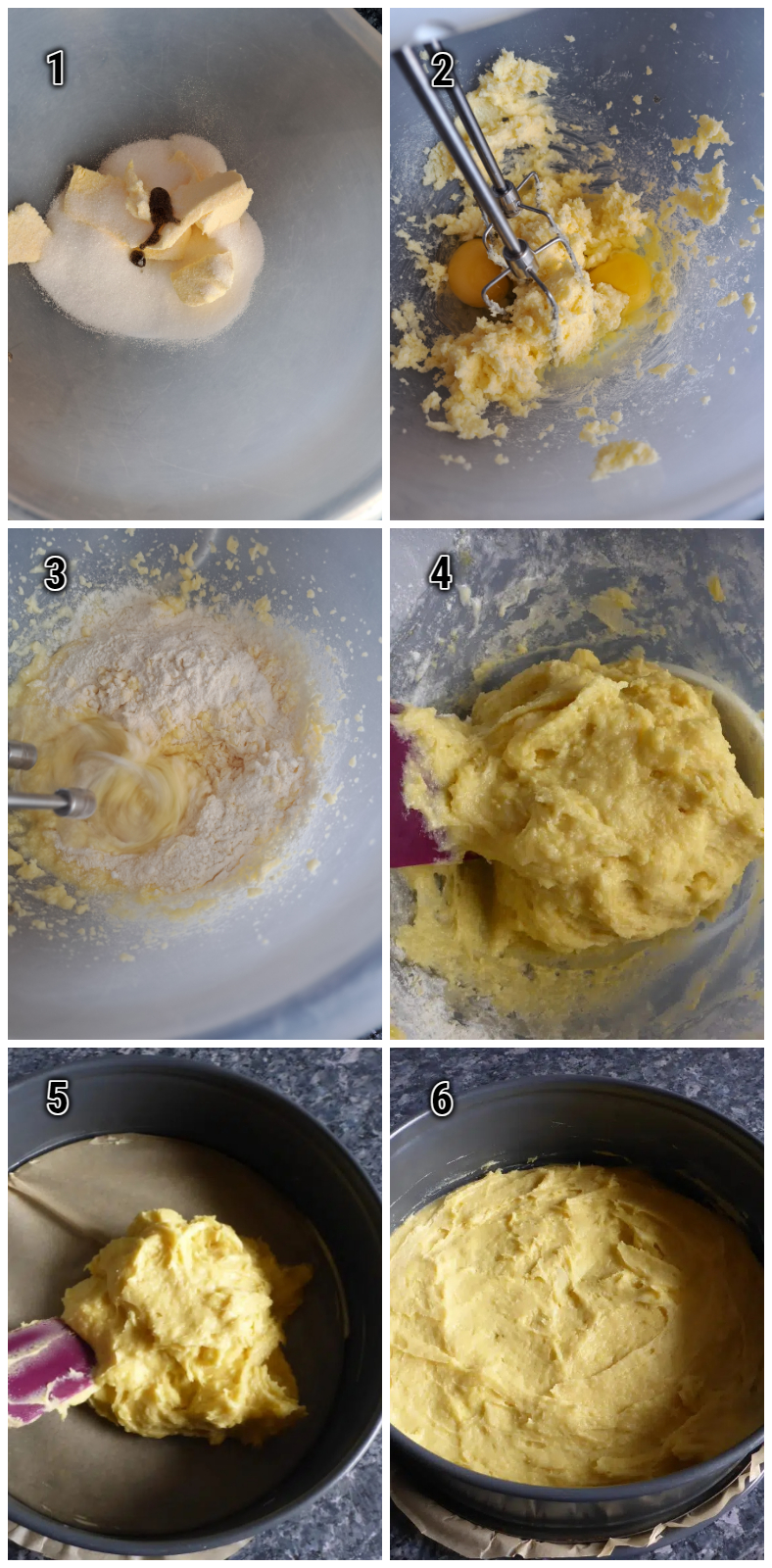 Die Herstellung vom Rührteig für Rhabarberkuchen mit Pudding.