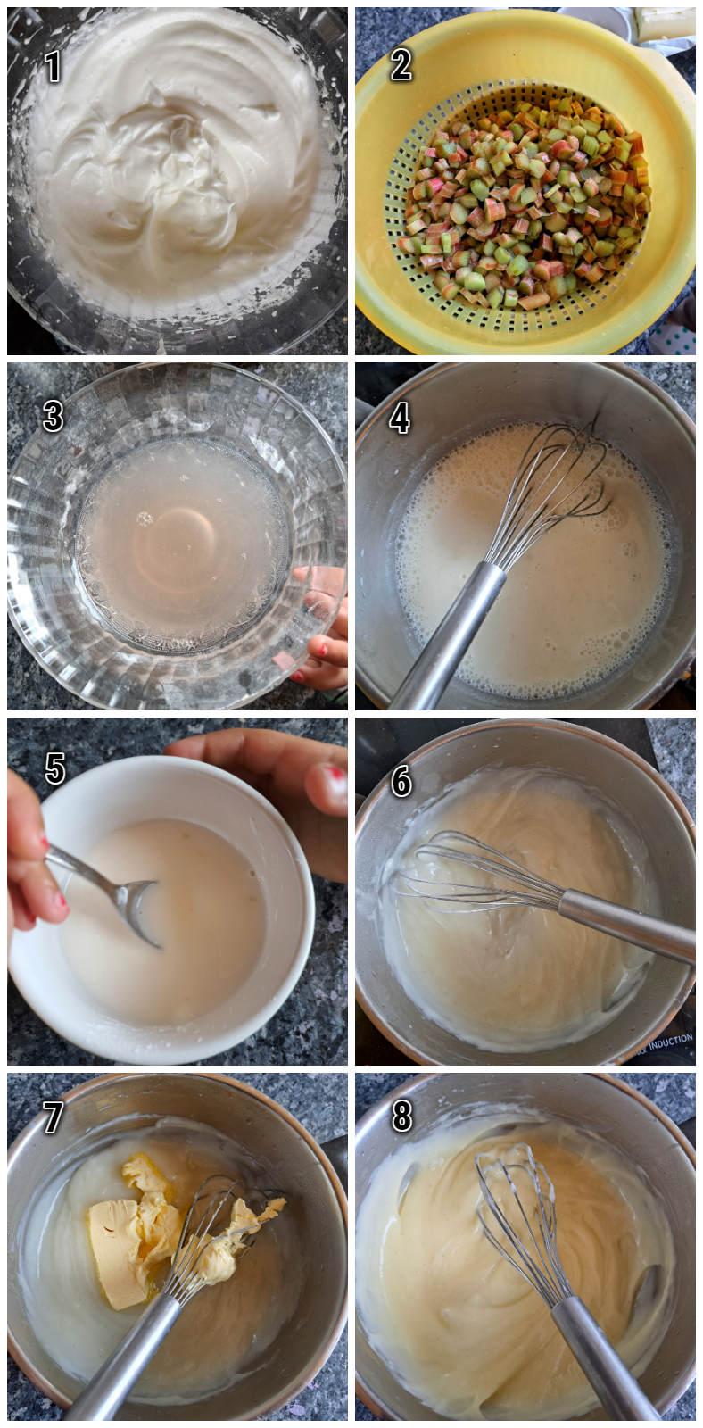 Die Herstellung vom Pudding mit Rhabarbersaft.