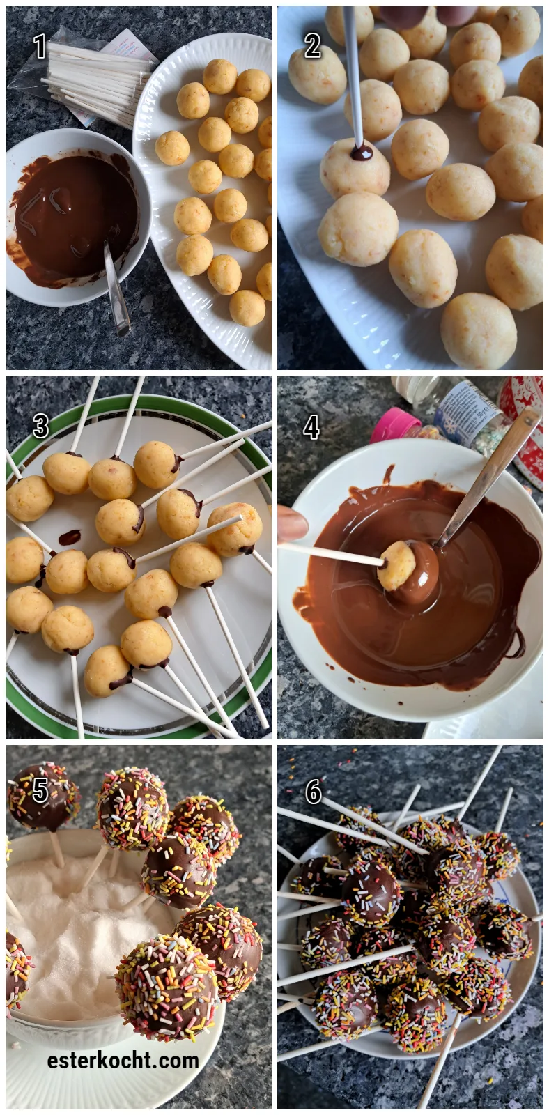 Zubereitungsschritte für köstliche Cake Pops bzw. Kuchen am Stiel. 3. Eintauchen der Lollipop-Stiele in geschmolzene Schokolade. 4. Anbringen der Stiele in die Kuchenkugeln. 5. Die Cake Pops in Schokolade tauchen und mit Zuckerstreuseln verzieren. 6. Die fertigen Cake Pops zum Abtrocknen  in einer Schüssel mit Zucker anrichten.