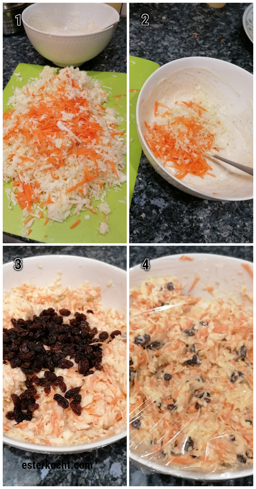 A photo collage showing how to make Namibian style coleslaw with carrots and raisins.