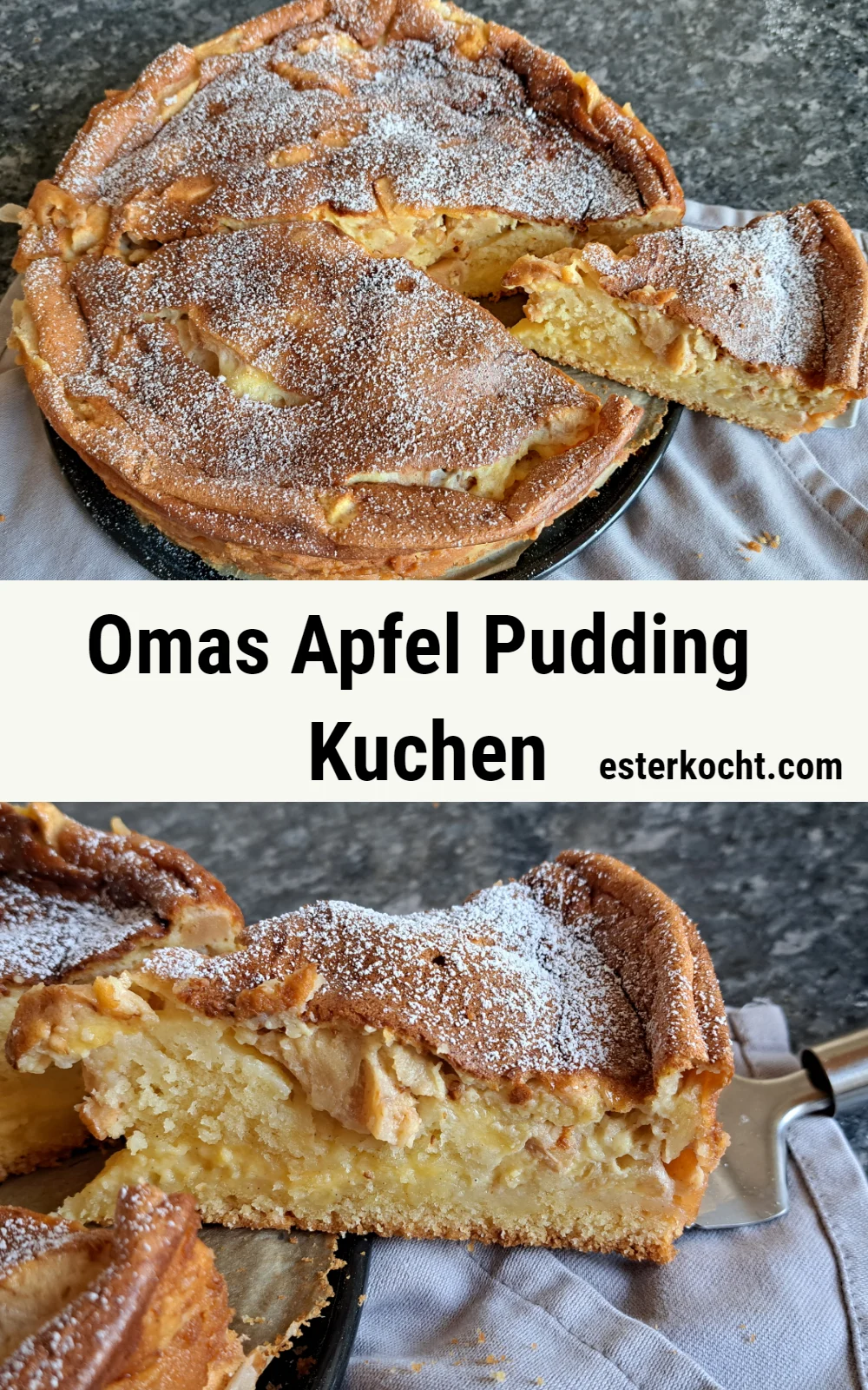 Ein köstlicher Apfel Pudding Kuchen, frisch aus dem Ofen, mit einer goldbraunen Kruste und saftigen Apfelstücken.