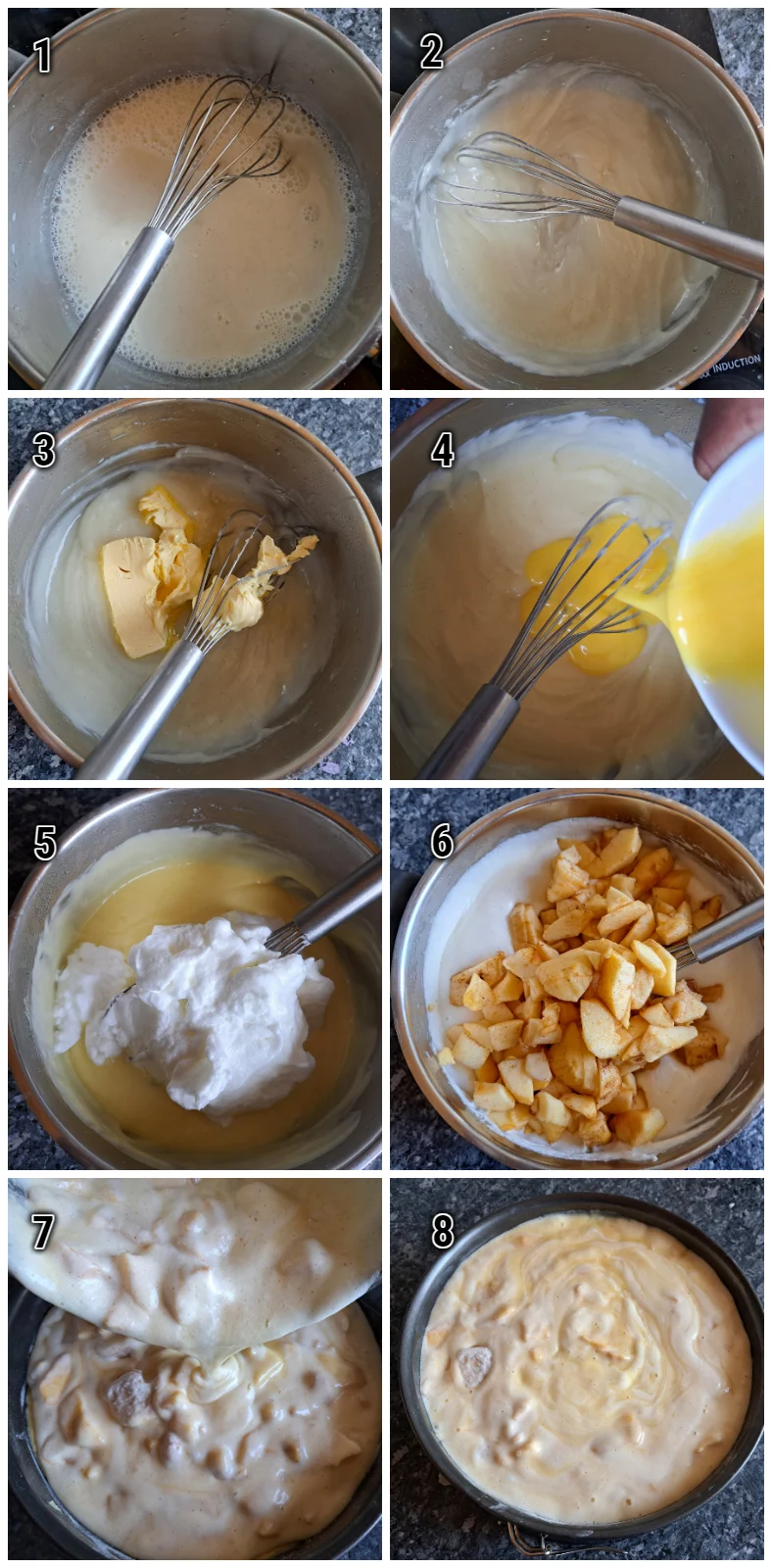 Step by step on how to make German apple cake with hoemade vanilla pudding.