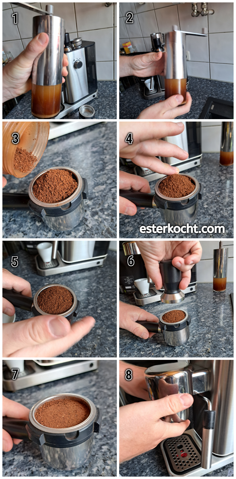 Wie frisch gemahlener Kaffee in den Siebträger gefüllt wird und wie der gefüllte Siebträger in die Espressomaschine eingesetzt und sicher verriegelt wird.