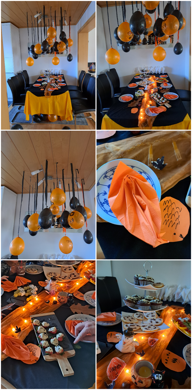 Halloween-Deko: Kreativ gestaltete Dekorationen in Schwarz und Orange, darunter luftige Ballons, Herbstblätter, Kastanien und ein leuchtender Tisch, um die perfekte gruselige Atmosphäre zu schaffen.