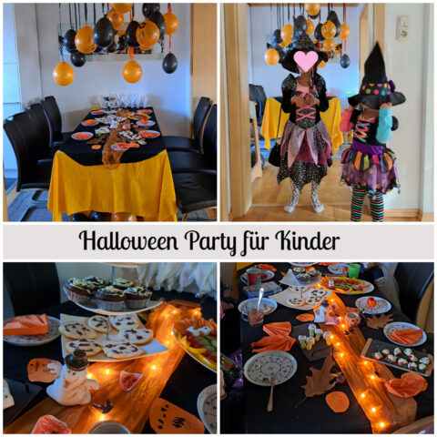 Halloween-Party für Kinder: Eine festliche Szene mit gruseliger Dekoration in Schwarz und Orange, Geister-Einladungskarten, köstlichen Leckereien und glücklichen Kindern, die in Hexenkostümen verkleidet sind, um den Spaß zu feiern.