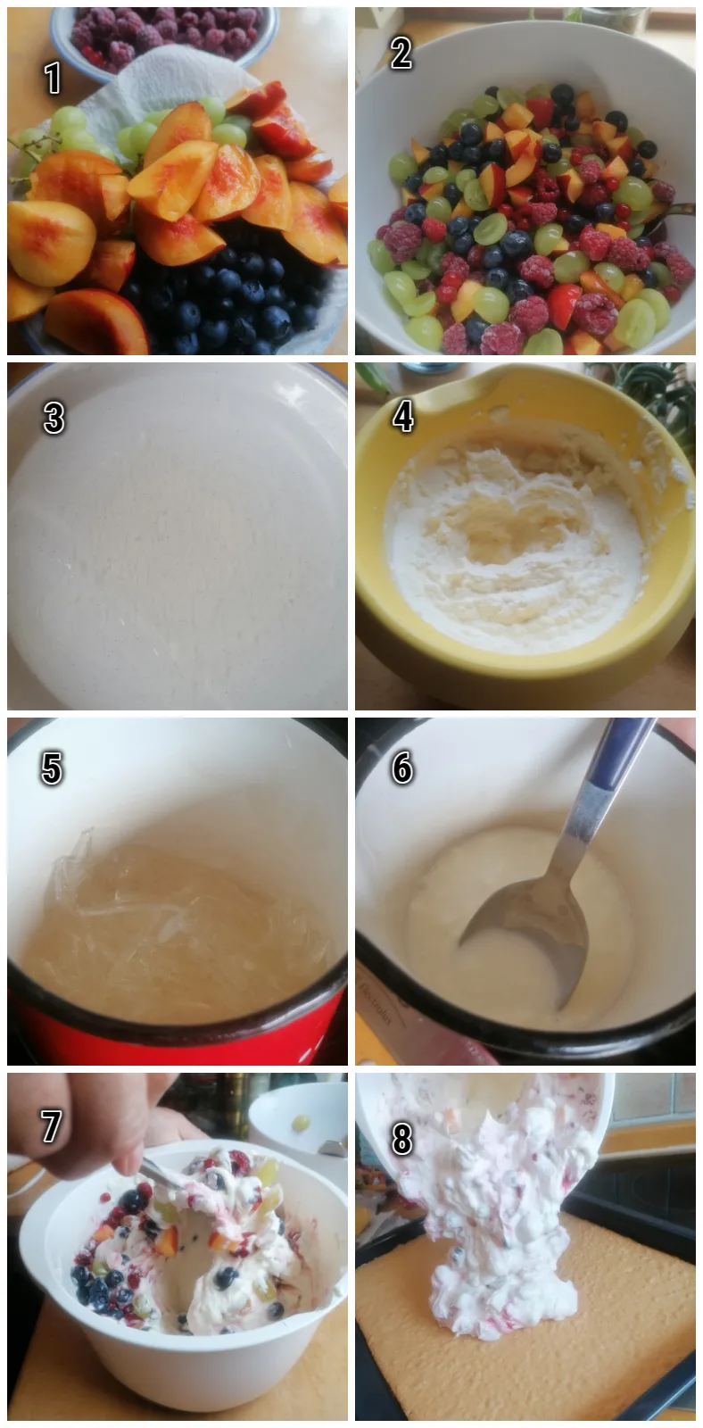 Step-by-step image guide: Preparing the Creamy Filling and Spread It on the cooled sponge cake to make German fruit cream cake.