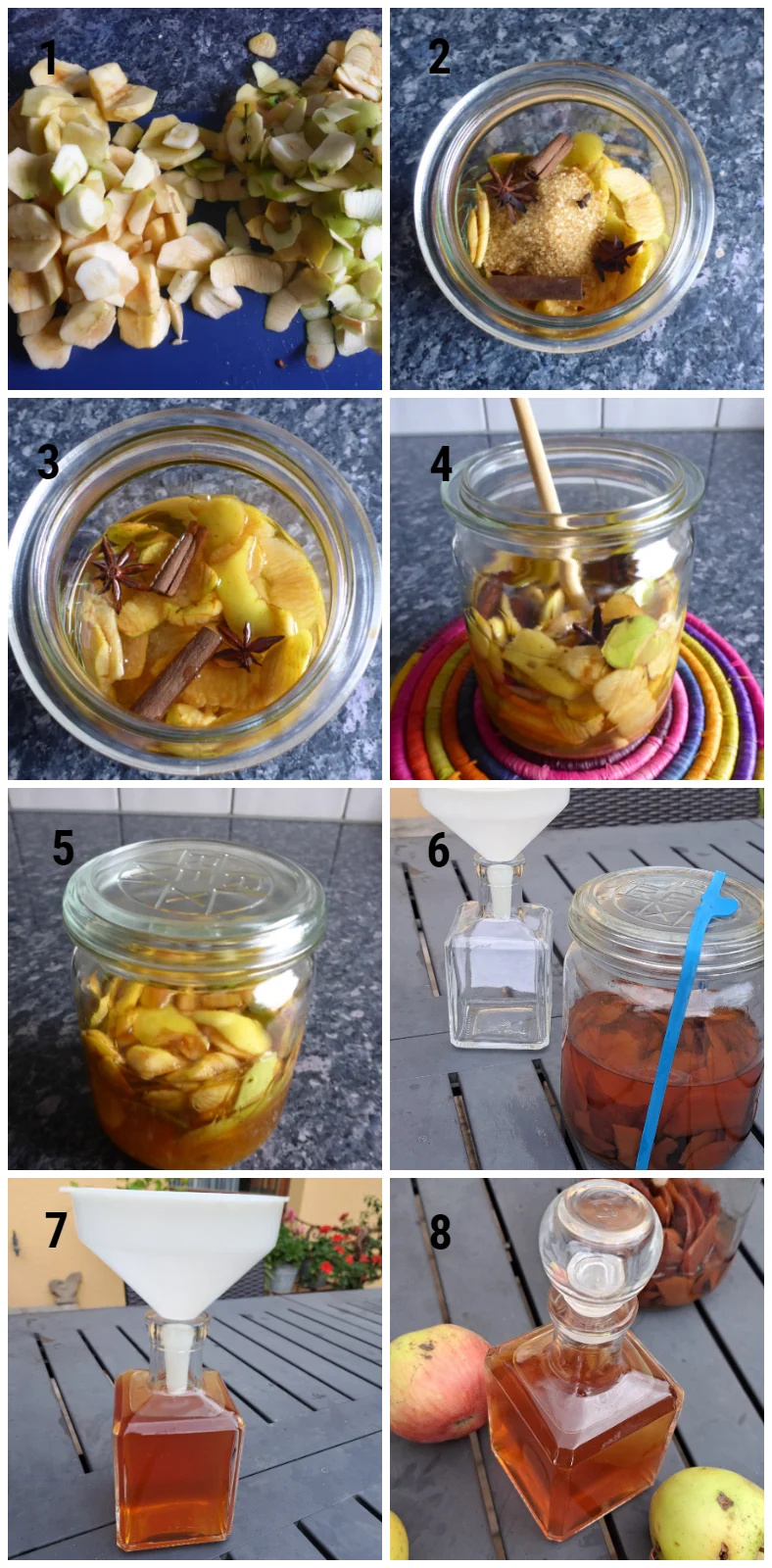 A photo illustrating the process of making apple liqueur using fresh apple peels in a glass container. The apple peels are immersed in a mixture of vodka, spices, and brown sugar.