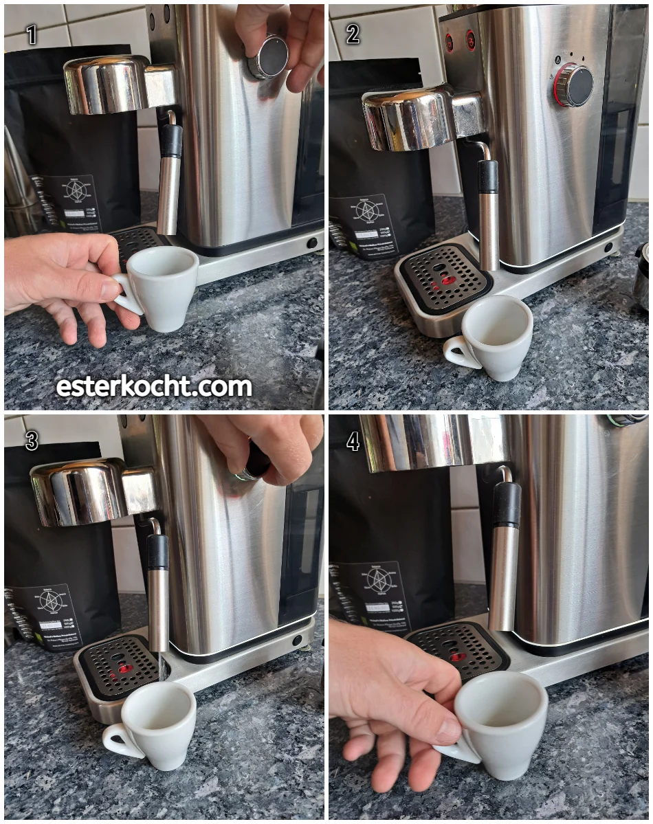 Das Erwärmen der Espresso-Tasse, indem sie mit heißem Wasser gefüllt wird.