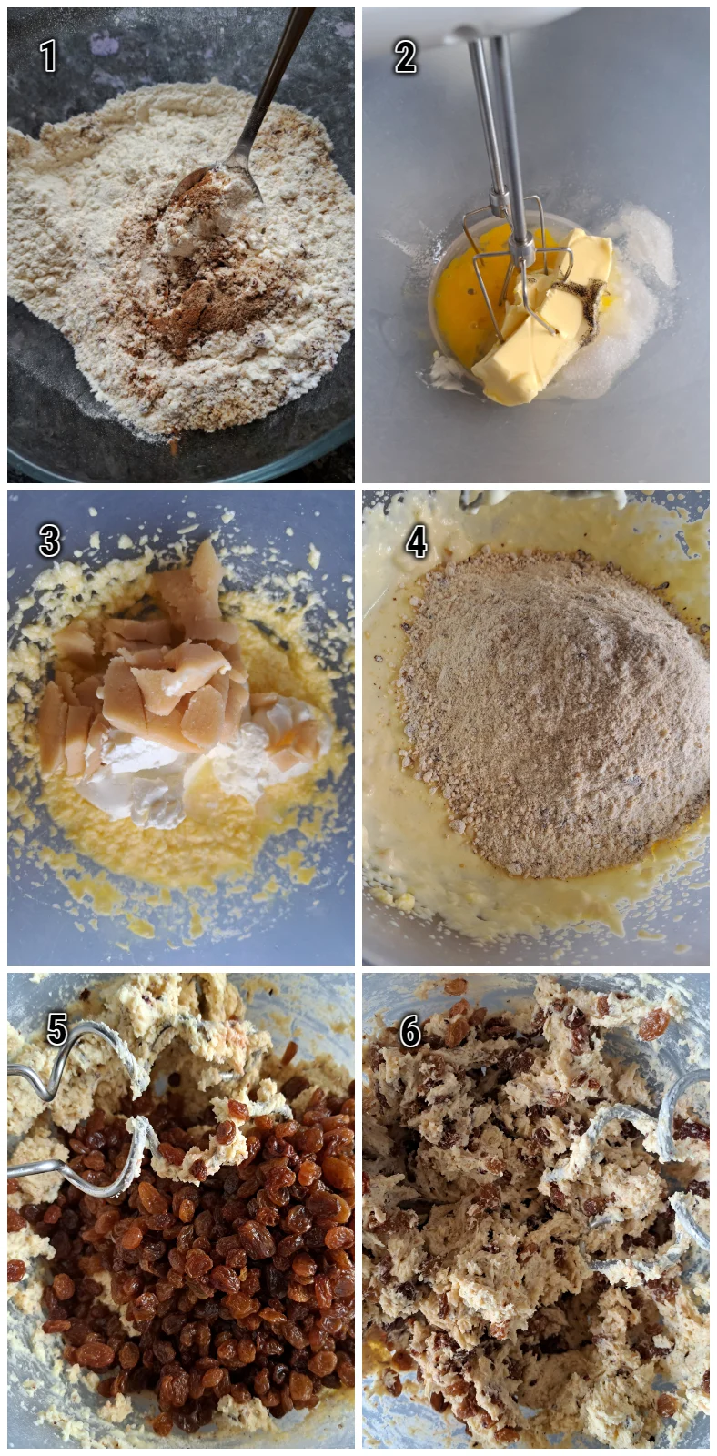 Kollage mit Bildern, die die Schritte zur Zubereitung eines saftigen Quarkstollens illustrieren.
