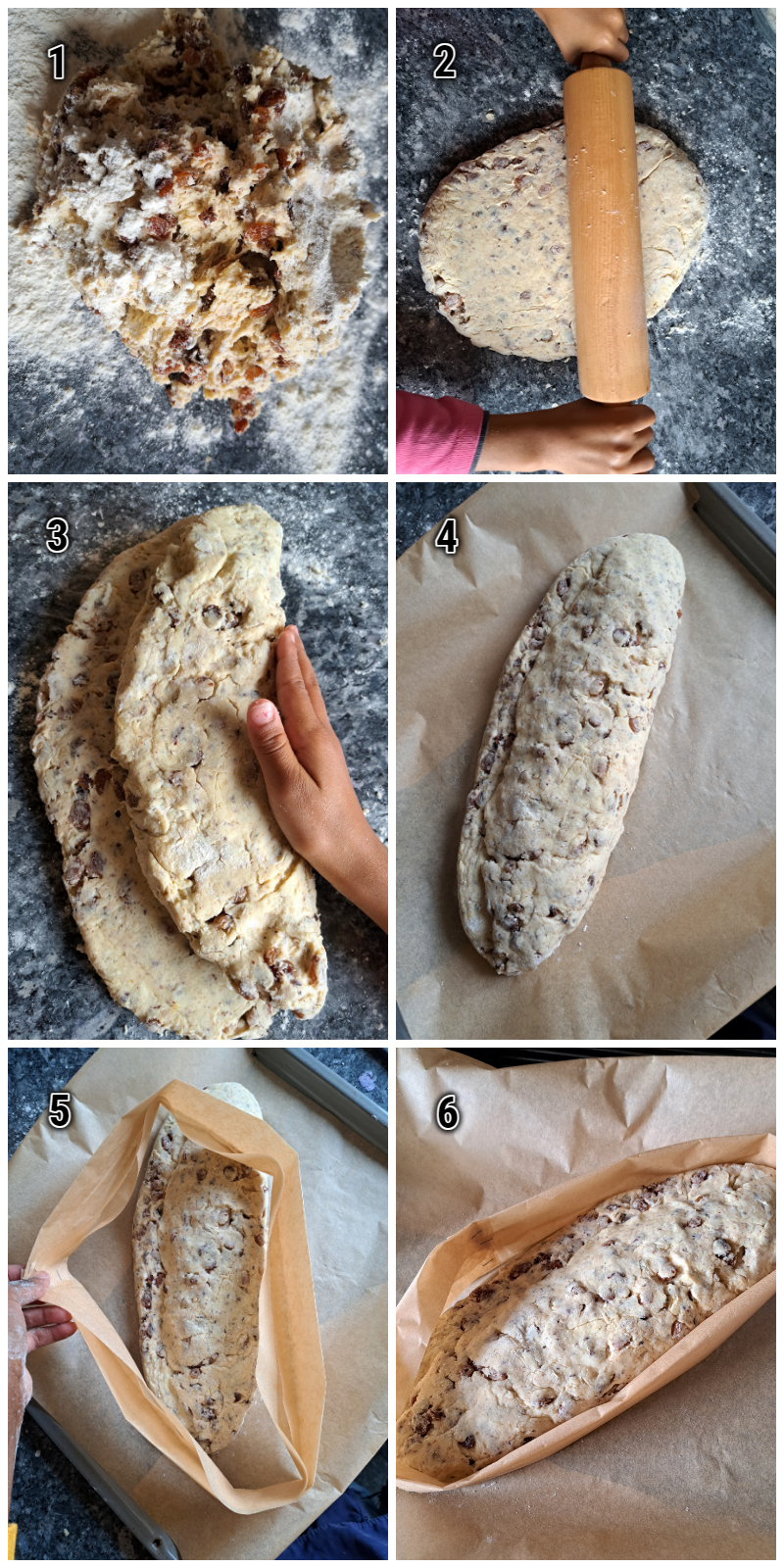 A visual guide to shaping and baking quick German sweet raisin Christmas bread. Demonstration of folding parchment paper around the Stollen for shaping, a useful technique in Stollen baking