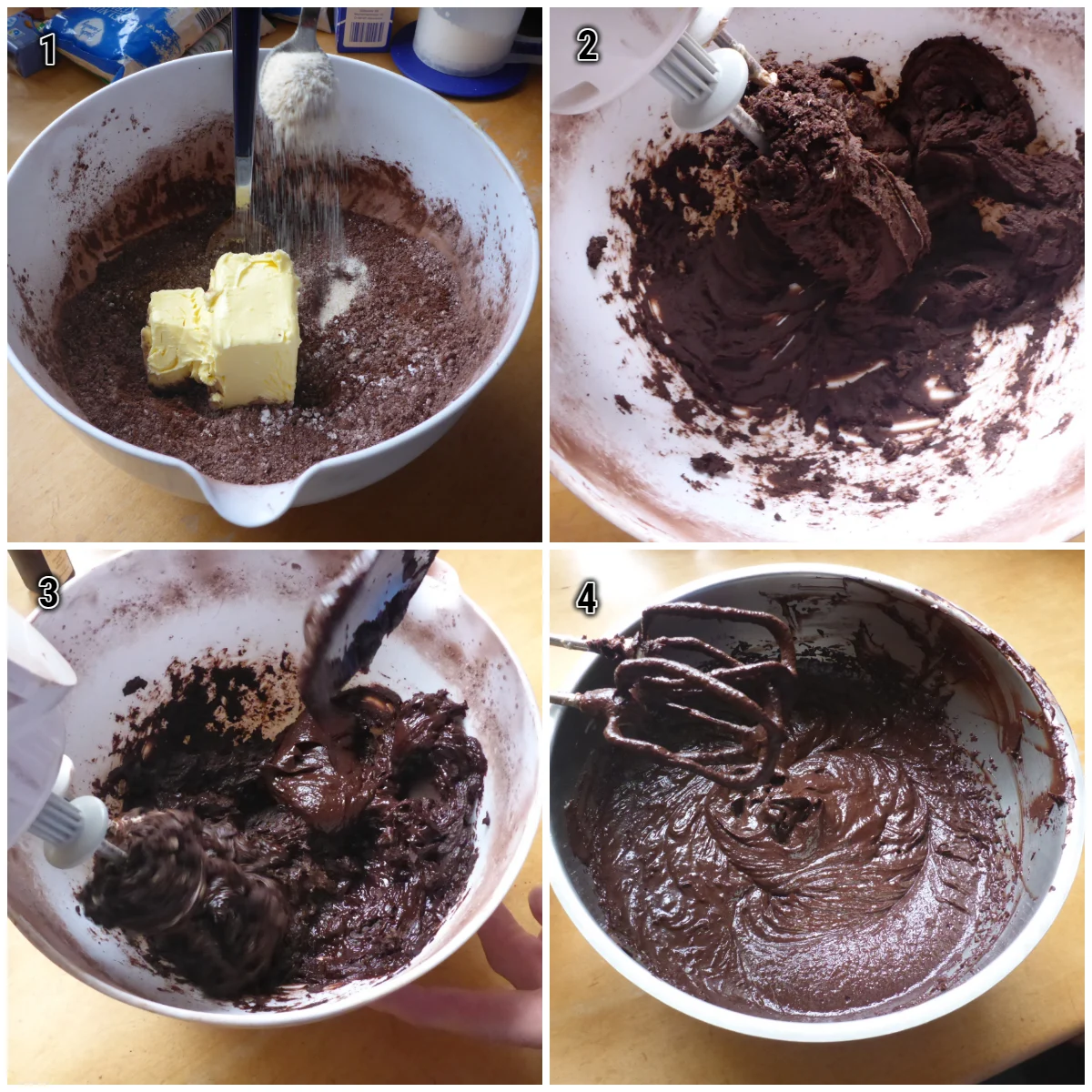 Zubereitungsschritten von Schokolade Buttercreme mit Ganache für die Nusstorte.