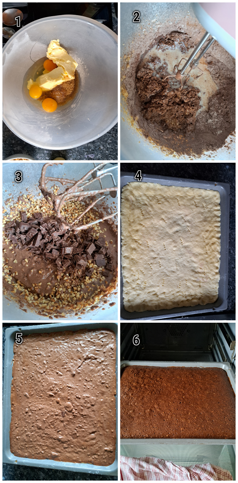 A comprehensive collage depicting the steps to make the chocolate filling batter for German chocolate spice cake with nuts and spreading it onto a prebaked shortbread crust, and baking it to perfection.