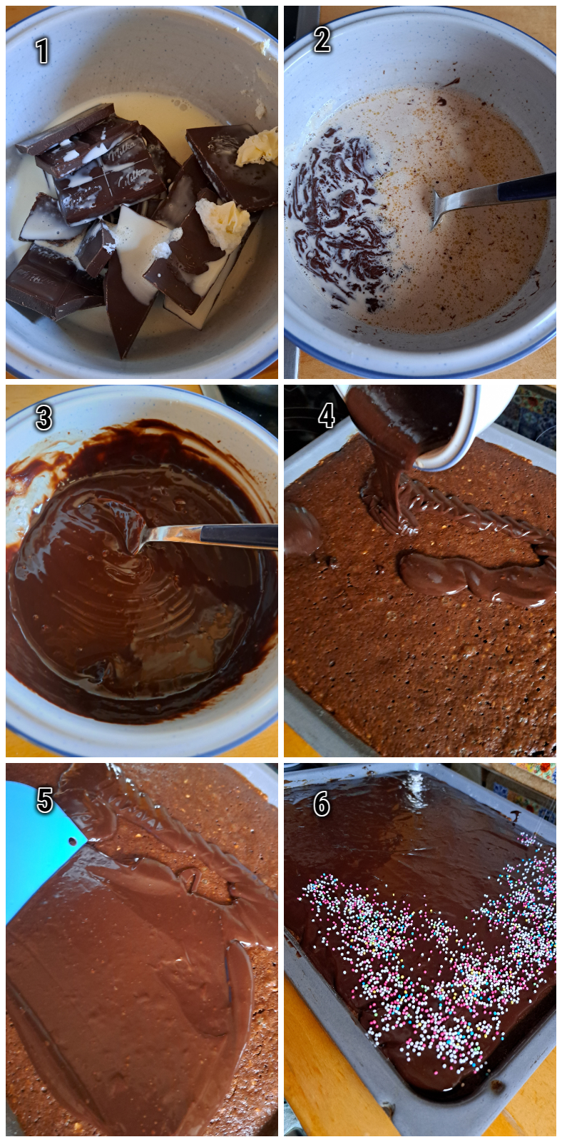  A step-by-step collage capturing the process of making chocolate glaze with high-quality dark chocolate and heavy cream, spreading it on a freshly baked but cooled German chocolate spice cake, and finishing by sprinkling sugar sprinkles on top.