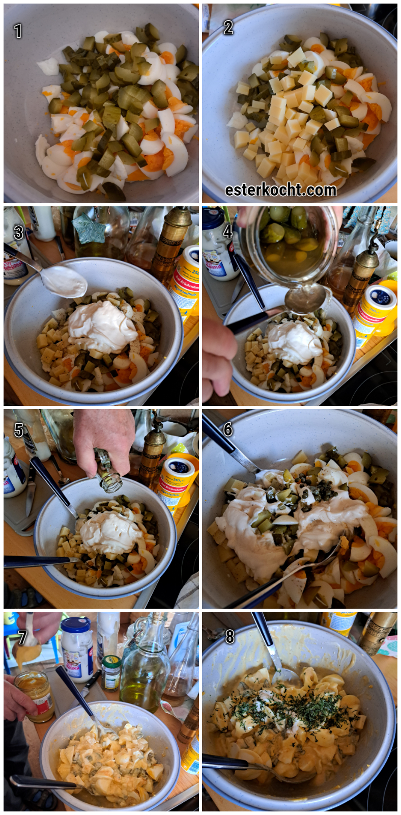 Photo sequence demonstrating the preparation of German egg salad, from chopping hard-boiled eggs to adding capers, pickles, pickle brine,  cheese, mustard, mayo, miracle whip, and dill, and finally presenting the finished dish in a serving bowl.