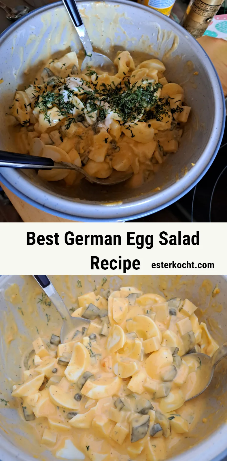 German egg salad with caperns, dill, pickles, pickle brine and hard-boiled eggs.