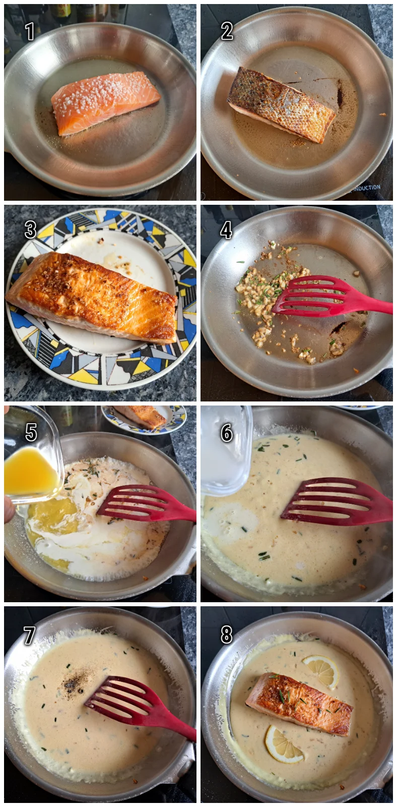 Step-by-step collage illustrating the process of preparing salmon in creamy orange sauce. Images include pan-frying the salmon, crafting the flavorful orange sauce, and seamlessly incorporating the fish into the pan with the delectable sauce, providing a visual guide to the recipe's progression.