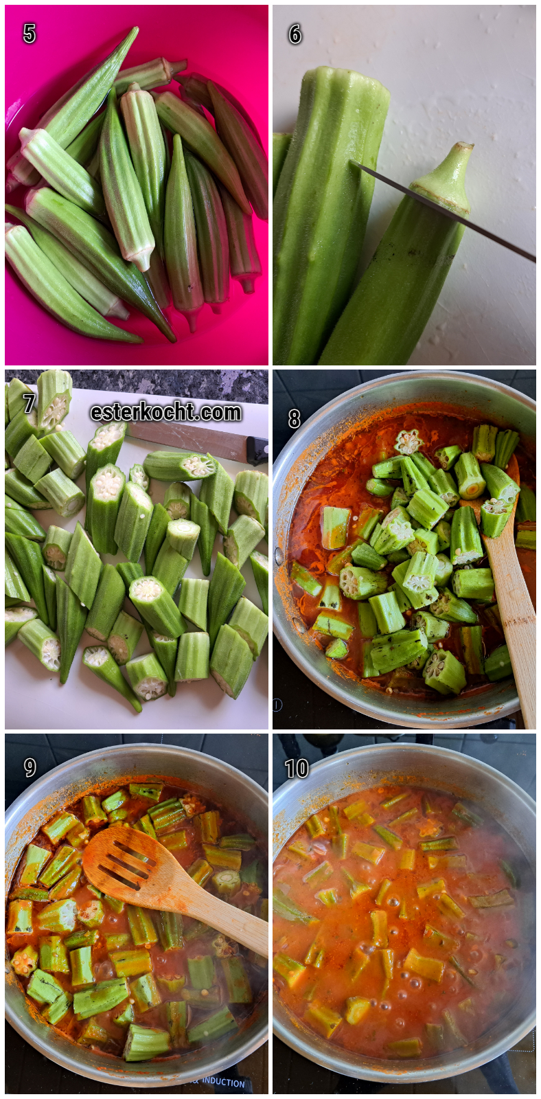 Schritte zur Zubereitung von Okra in Tomatensauce. Bilder zeigen das präzise Putzen und Schneiden von Okra sowie das Hinzufügen der Okra-Stücke in die würzige Tomatensauce.