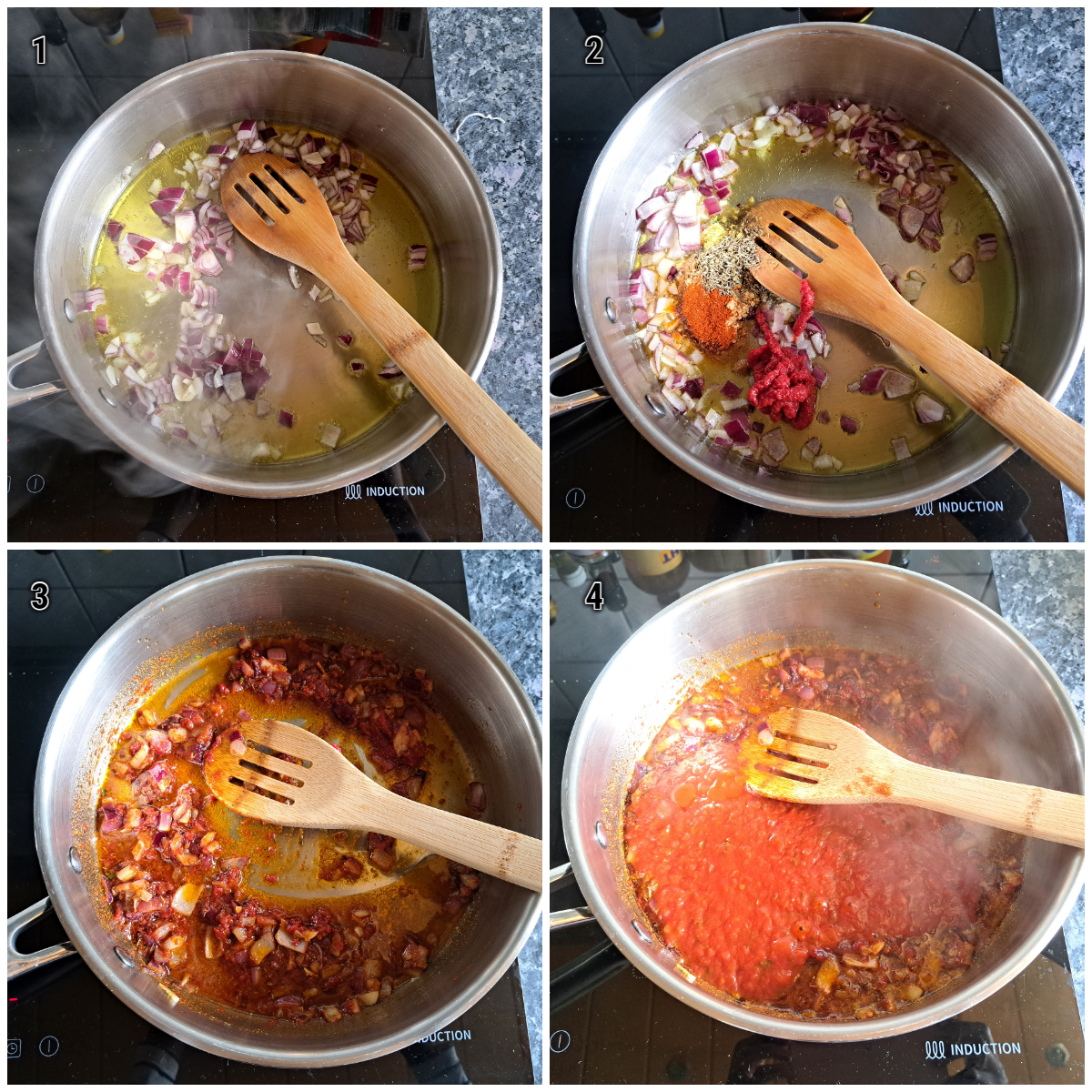 Schritte zur Zubereitung von Tomatensauce für die Okrapfanne.