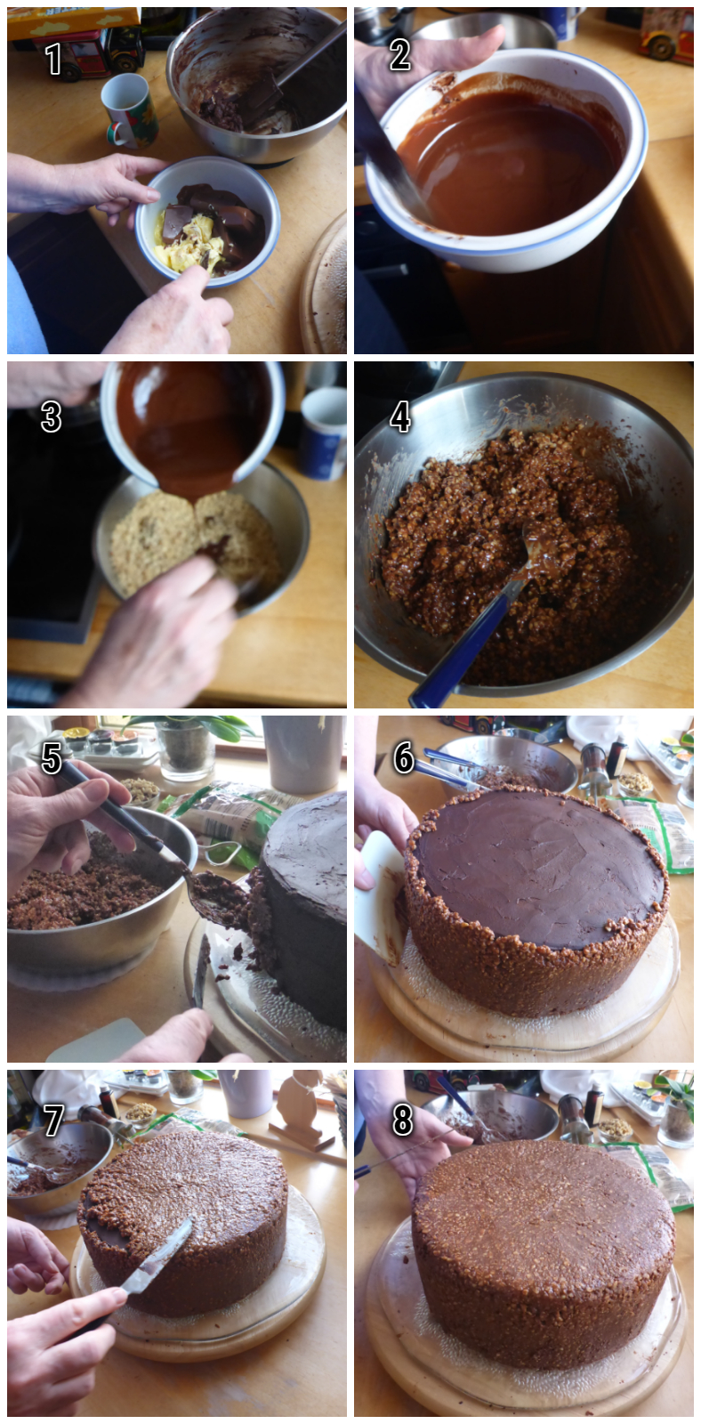 Die Verzierung von Schoko Nuss Torte: Ein faszinierender Prozess entfaltet sich in dieser Reihe von Bildern. Zuerst die Kreation einer verlockenden Schoko-Nusscreme, gefolgt von kunstvoller Verzierung einer Torte, bei der geschmolzene Schokolade in ästhetischen Mustern fließt. 