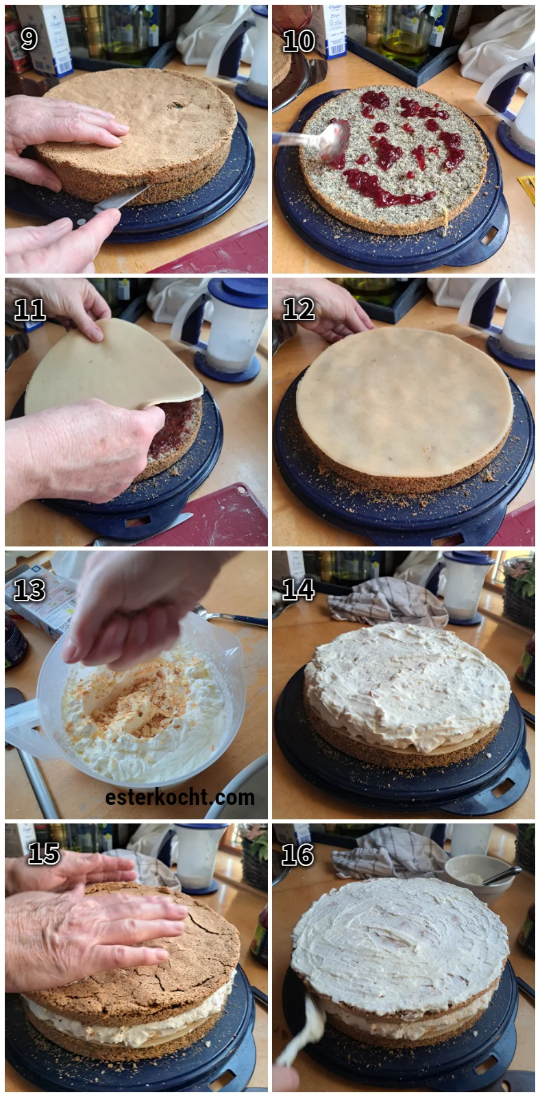 Die Collage zeigt die Herstellung einer Marzipan-Mohn-Torte, das Füllen der Torte mit Marmelade, geschlagener Sahne mit frisch gerösteten Mandelblättchen und einer Marzipandecke aus Marzipanrohmasse.
