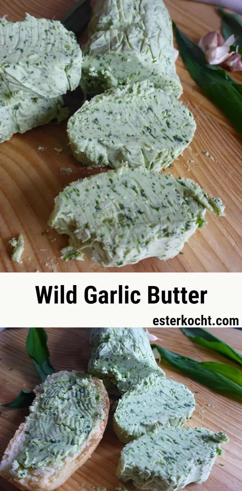 A visually appealing collage featuring wild garlic butter: Fresh green wild garlic leaves, minced garlic, and vibrant yellow lemon zest arranged around a block of creamy butter. The butter is sliced into rounds, revealing flecks of green and yellow throughout. A warm, inviting image perfect for pinning.