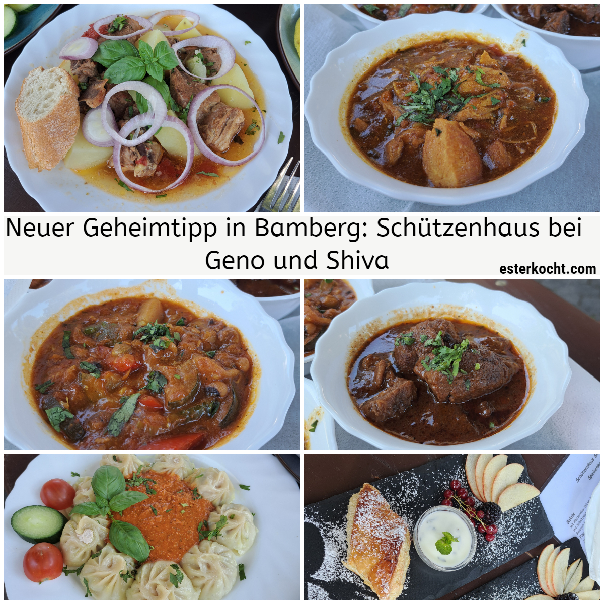 Eine Collage zeigt eine Auswahl an Gerichten im Schützenhaus bei Geno und Shiva in Bamberg: Schnitzel mit Pommes, Lammeintopf, Chicken Curry, Gemüse Curry, Gulasch mit Reis und Momos mit Tomaten-Sesam-Sauce. Eine bunte Darstellung der fränkischen, nepalesischen und armenischen Küche, serviert in einem stilvollen Ambiente