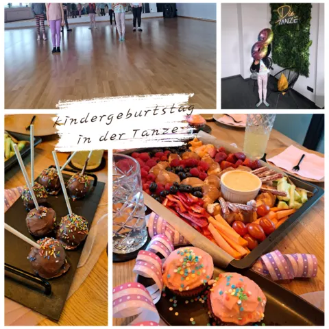 Eine Collage zeigt einen fröhlichen Kindergeburtstag im Tanze Tanzstudio: Kinder tanzen begeistert in der großen Halle, ein liebevoll gedeckter Geburtstagstisch mit Snacks und Getränken, sowie bunte Leckereien wie Cupcakes und Cake Pops. Die festliche Atmosphäre sorgt für ein unvergessliches Erlebnis.